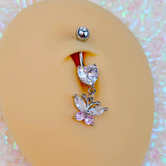 Pink Clear Gem Love Butterfly Dangle Belly Ring