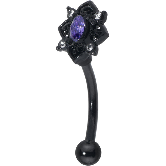 16G 5/16 Purple Gem Black Scrolling Hearts Curved Eyebrow Ring