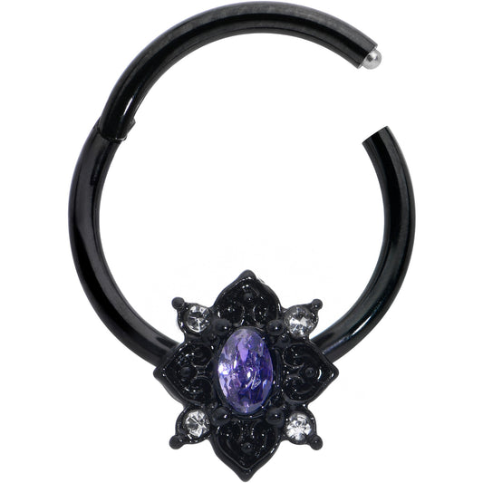 16G 3/8 Purple Gem Black Scrolling Hearts Hinged Segment Ring