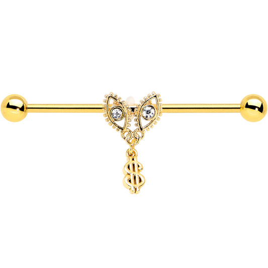 14G Clear Gem Gold Hue Seeing Money Dangle Industrial Barbell 38mm