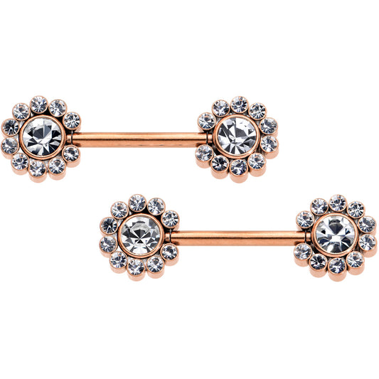 14G 9/16 Clear CZ Gem Rosy Tone Flower Threadless Nipple Ring Set