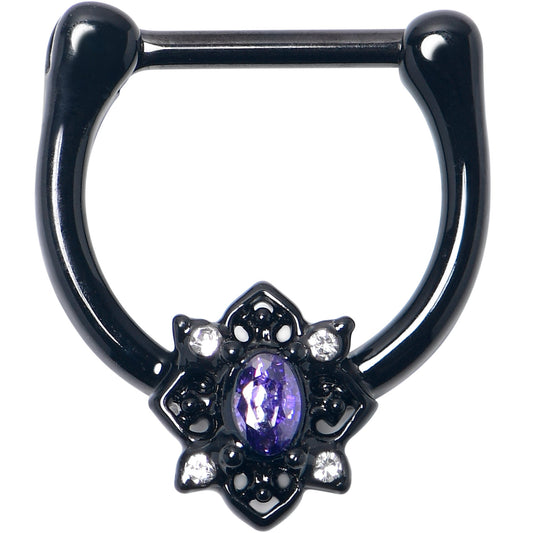 16G 5/16 Purple Gem Black Scrolling Hearts Cartilage Clicker