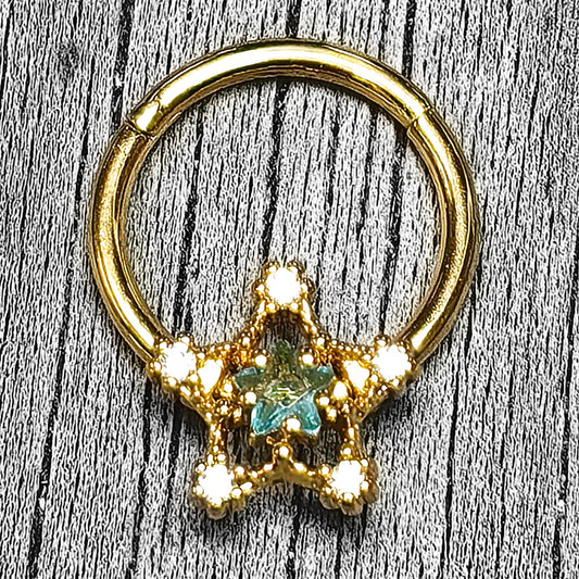 16G 3/8 Blue Clear Gem Gold Tone Starry Glam Hinged Segment Ring