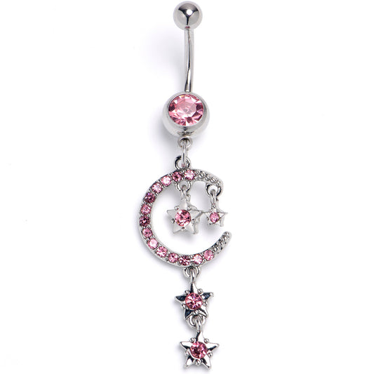 Pink Gem Moon And Stars Internally Threaded Dangle Belly Ring