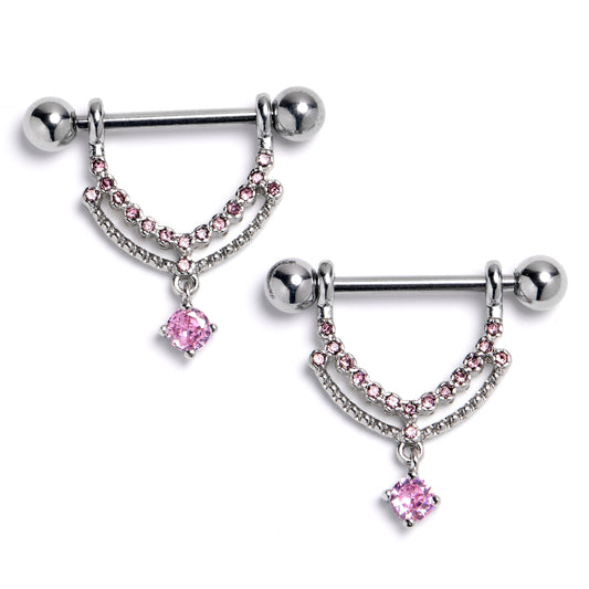 14G 9/16 Pink CZ Gem Double Curvation Dangle Nipple Ring Set