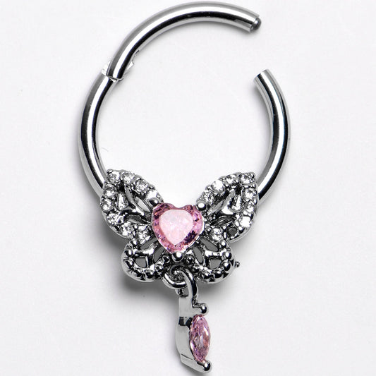 16G 3/8 Clear Gem Whimsical Butterfly Segment Ring with Dangle
