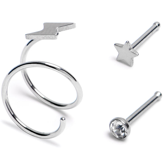20G Clear Gem Star Spiral Nose Ring 3 Pack