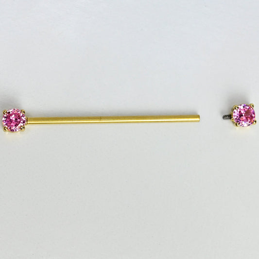 14G Pink Gem Gold Tone Internally Threaded Industrial Barbell 38mm
