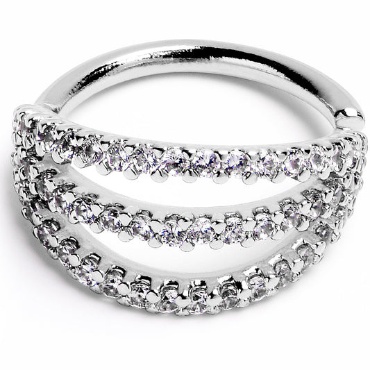 16G 3/8 Clear CZ Gem Faux Triple Hoop Closure Ring