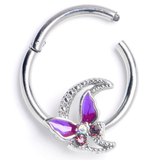 16G 3/8 Purple Gem Butterfly Purple Beauty Hinged Segment Ring