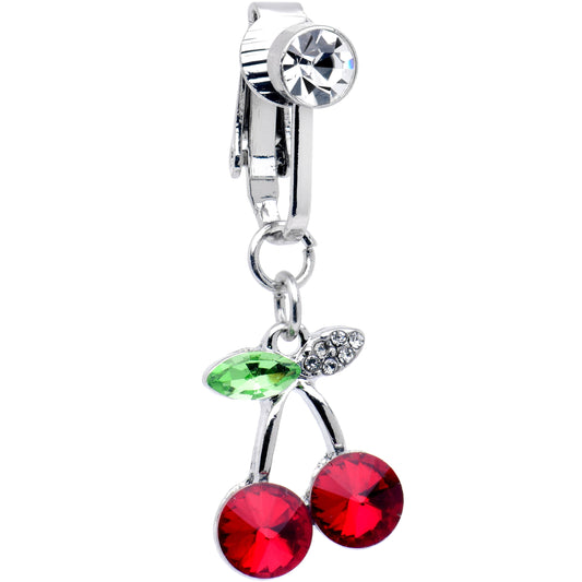 Red Green CZ Gem Sweet Cherry Dangle Clip on Fake Belly Ring