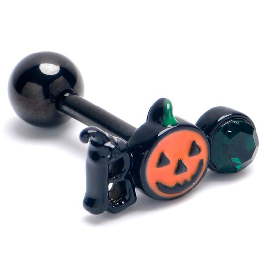 16G 1/4 Green Gem Black Boo Halloween Cartilage Tragus Earring
