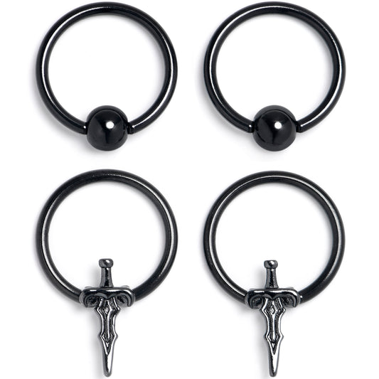 16G 3/8 Black Medieval Sword BCR Captive Ring Set of 4