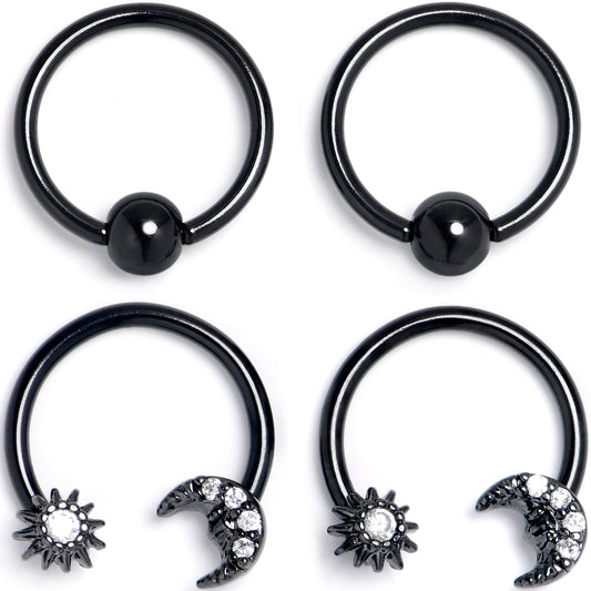 16G 3/8 Clear Gem Black Moon Sun BCR Captive Horseshoe Set of 4