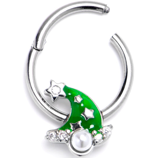 16G 3/8 Clear Gem Santa Hat Stars Green Hinged Segment Ring