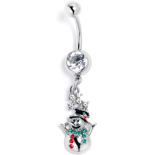 Red Clear Green Gem Opulent Snowman Holiday Dangle Belly Ring