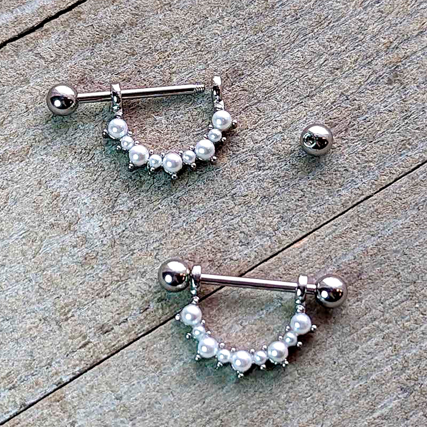 14G 9/16 White Faux Pearl June Birthstone Dangle Nipple Shield Set