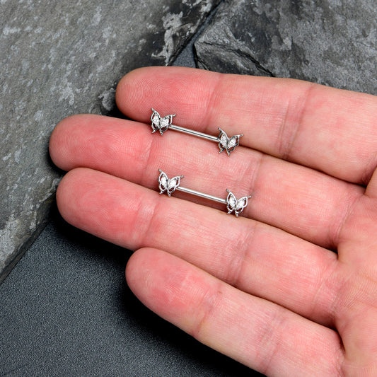 14G 9/16 Clear Gem Fancy Fab Butterfly Barbell Nipple Ring Set