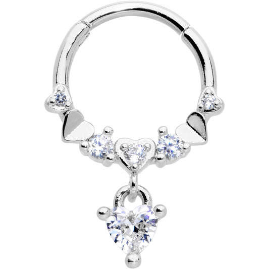 16G 3/8 Clear CZ Gem Love Heart Dangle Hinged Segment Ring