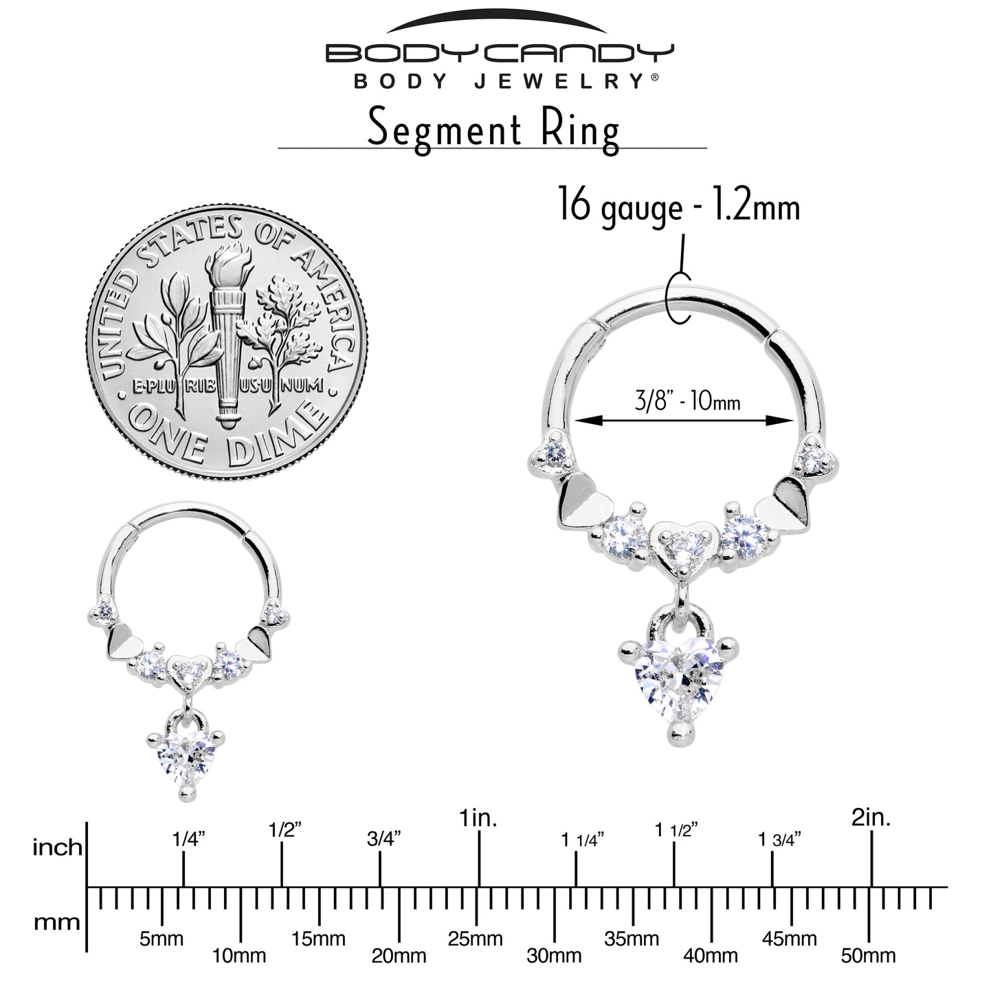 16G 3/8 Clear CZ Gem Love Heart Dangle Hinged Segment Ring