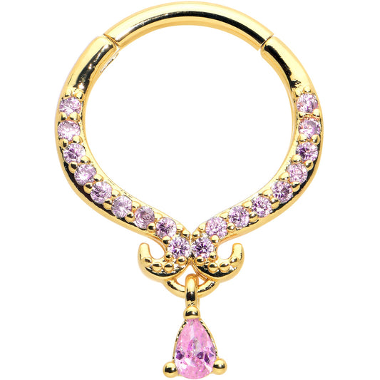 16G 3/8 Pink CZ Gem Gold Tone Elegant Curves Hinged Segment Ring