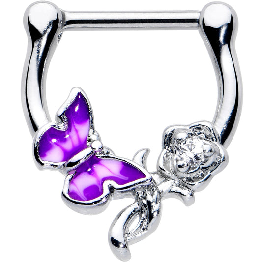 16G 5/6 Clear Gem Butterfly Rose Flower Purple Cartilage Clicker