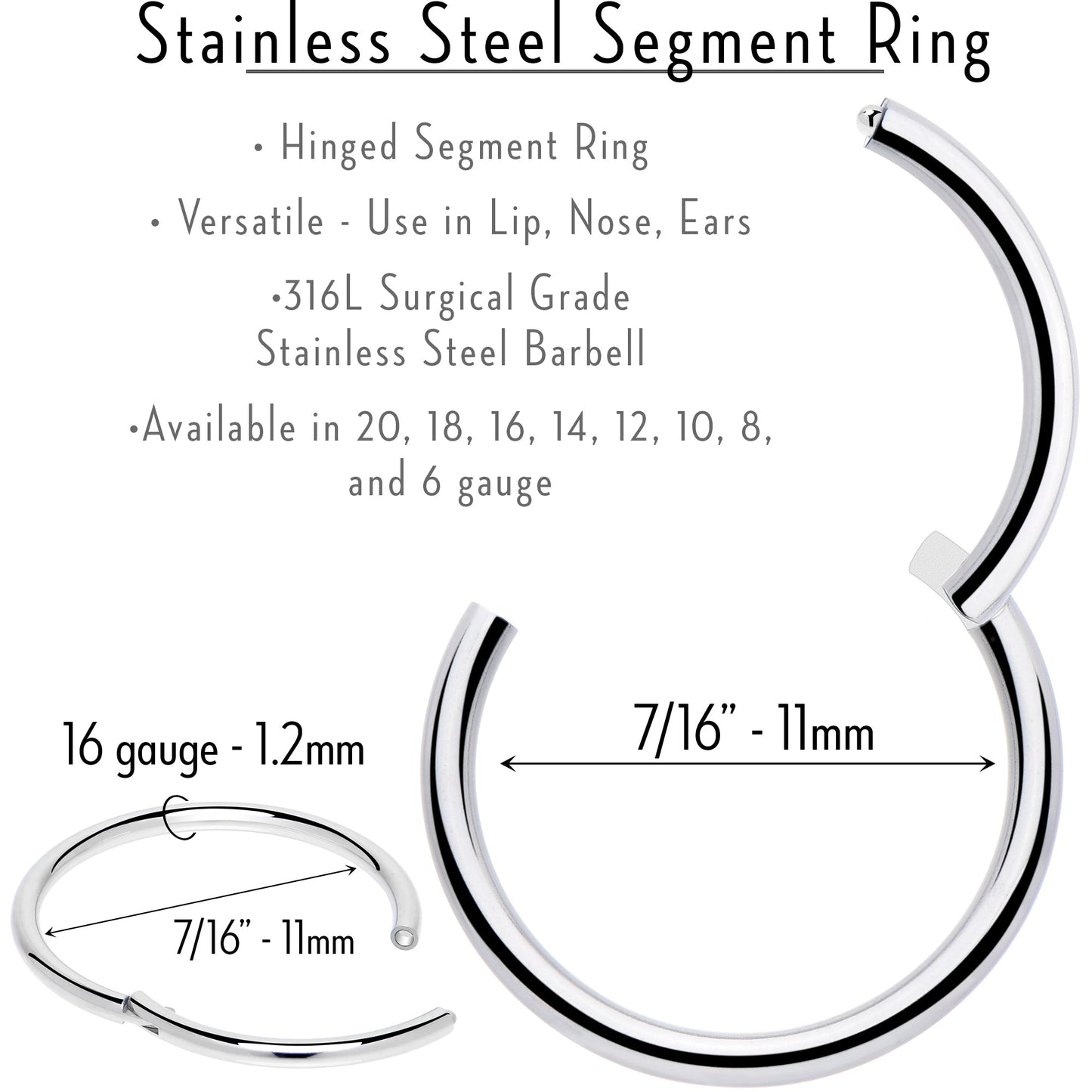 16G 7/16 316L Surgical Steel Precision Hinged Segment Hoop