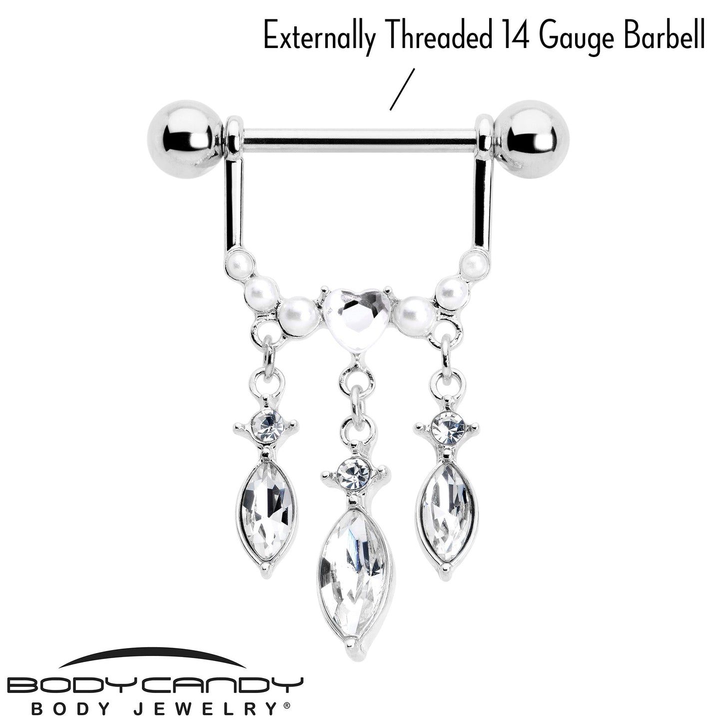 14G 9/16 Clear Gem Heart Triple Drop Dangle Nipple Ring Set