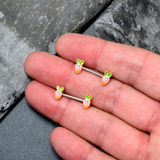 14G 9/16 Surprise Carrot Easter Bunny Barbell Nipple Ring Set