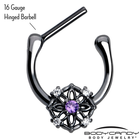 16G 5/16 Purple Clear CZ Gem Black Flower Ring Cartilage Clicker