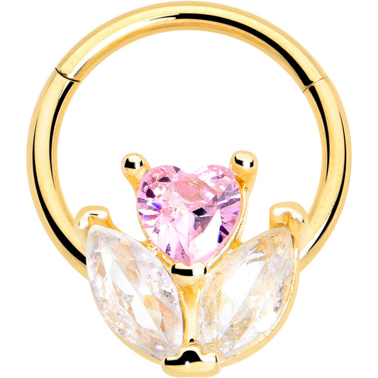 16G 3/8 Pink CZ Gem Gold Tone Love Flower Hinged Segment Ring