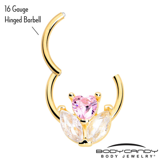16G 3/8 Pink CZ Gem Gold Tone Love Flower Hinged Segment Ring