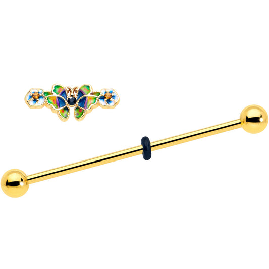 14G Blue Gem Gold Tone Butterfly Colors Industrial Barbell 38mm