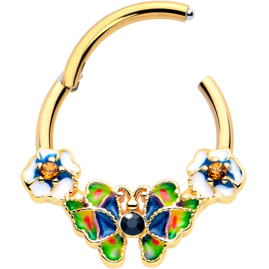 16G 3/8 Blue Gem Gold Tone Butterfly Colors Hinged Segment Ring
