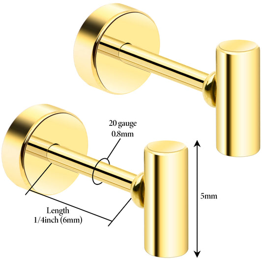 14k Yellow Gold Plated Straight Barbell Ball Flat Back Stud Earrings - 1 Pair