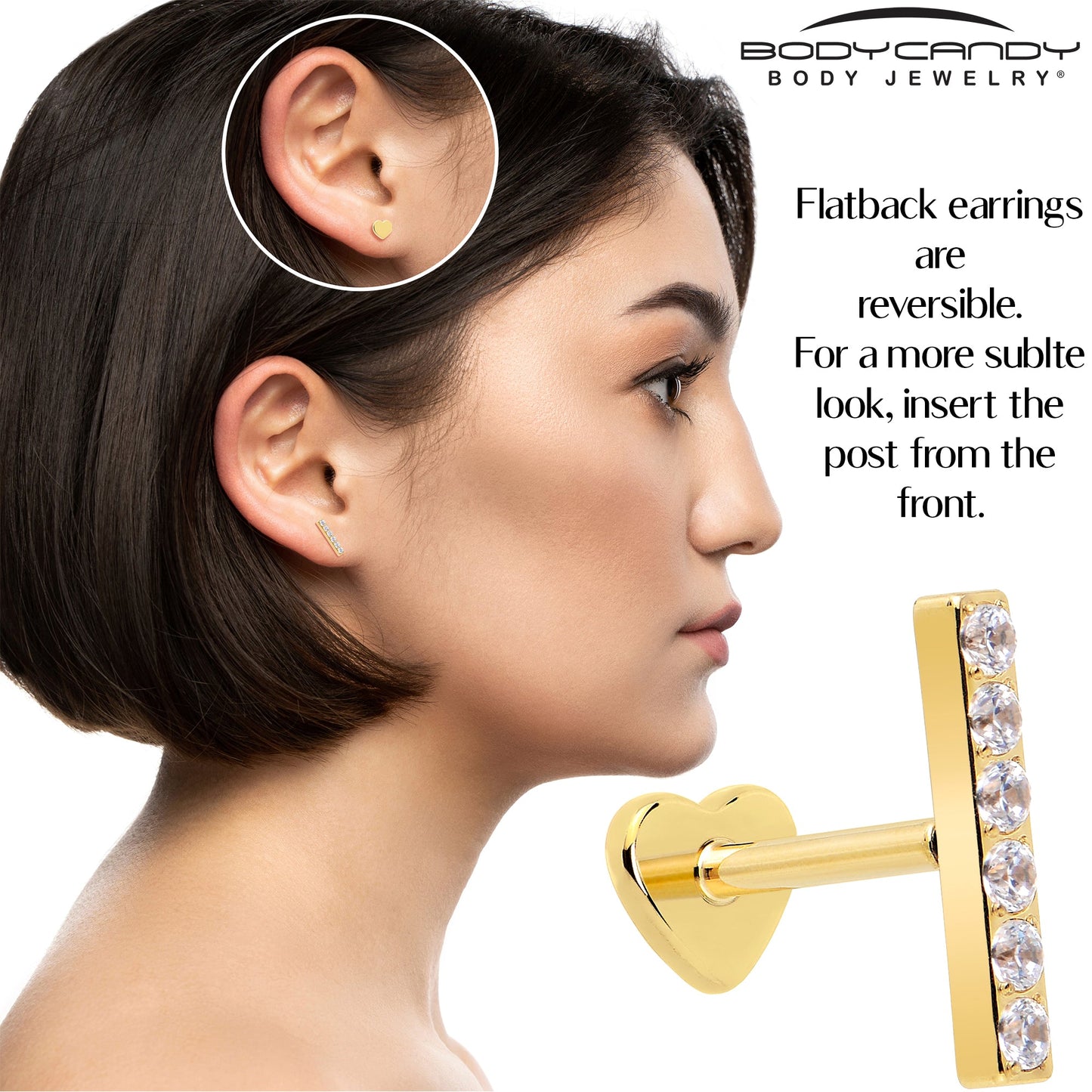 18G 1/4 Clear Gem Gold Plated Implant Grade Titanium Threadless Bar Flatback Stud
