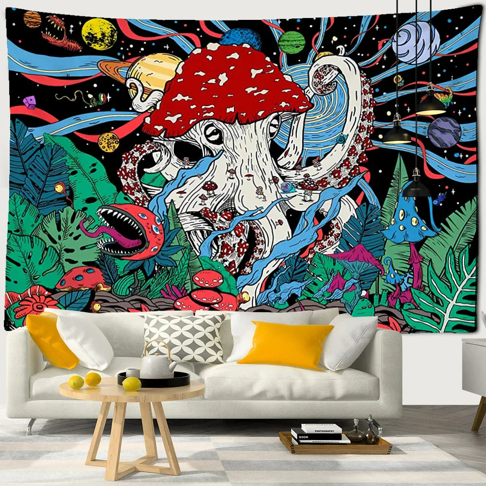 DecorBites™ Cartoon Planet Mushroom Tapestry Wall Hanging for Psychedelic Room Decor