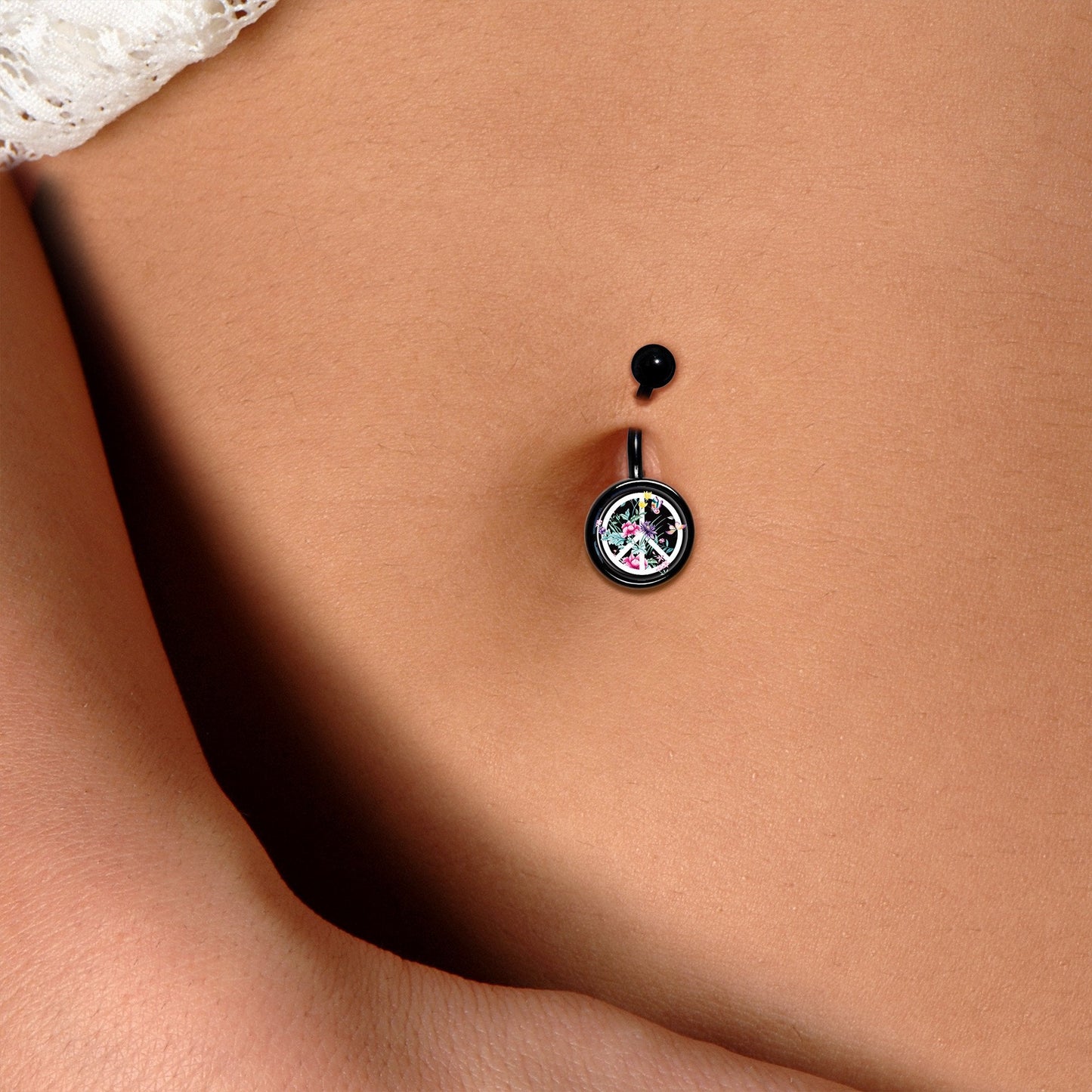 Floral Peace Sign Black Belly Ring