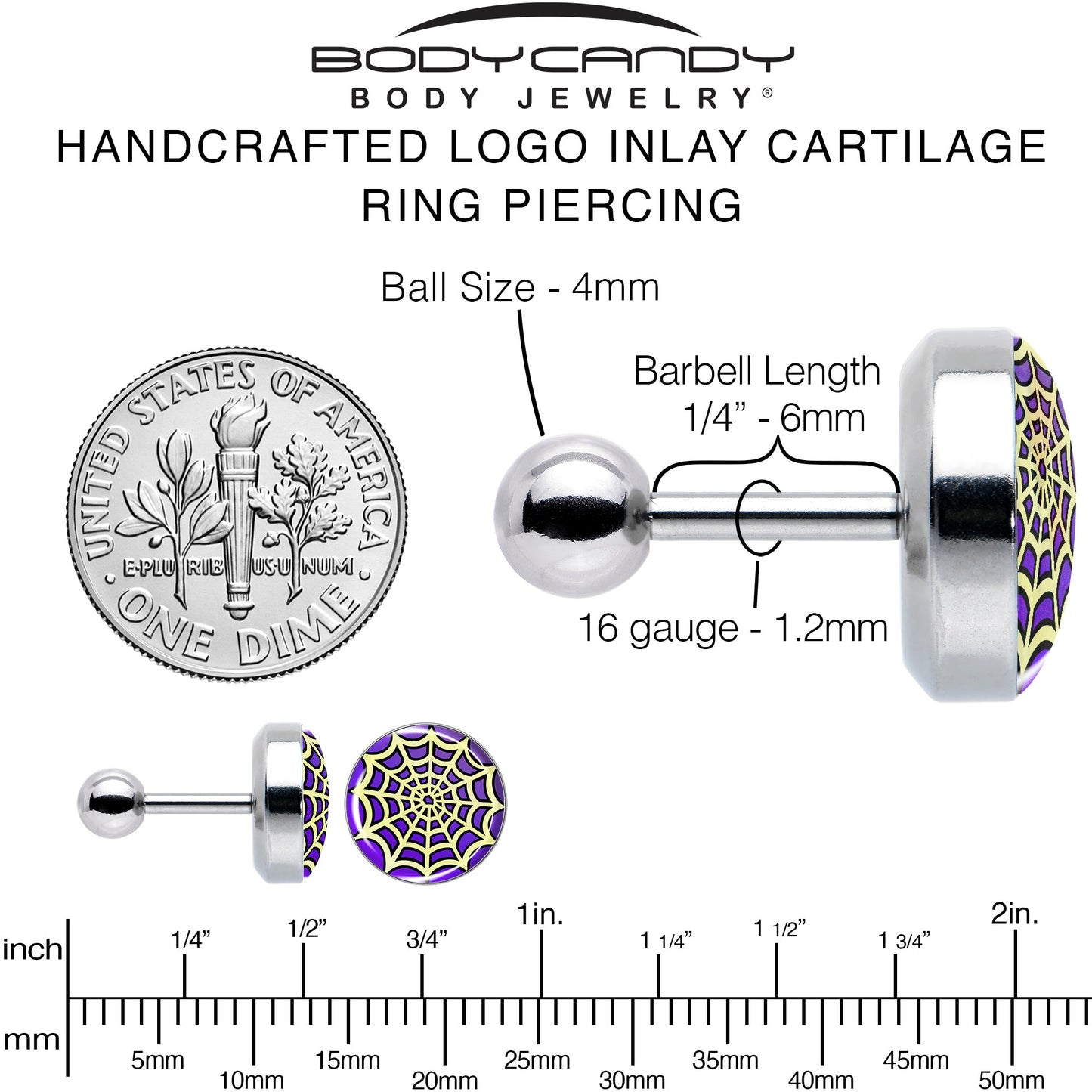 16G 1/4 Two Tone Spider Web Tragus Cartilage Earring by Onyx O