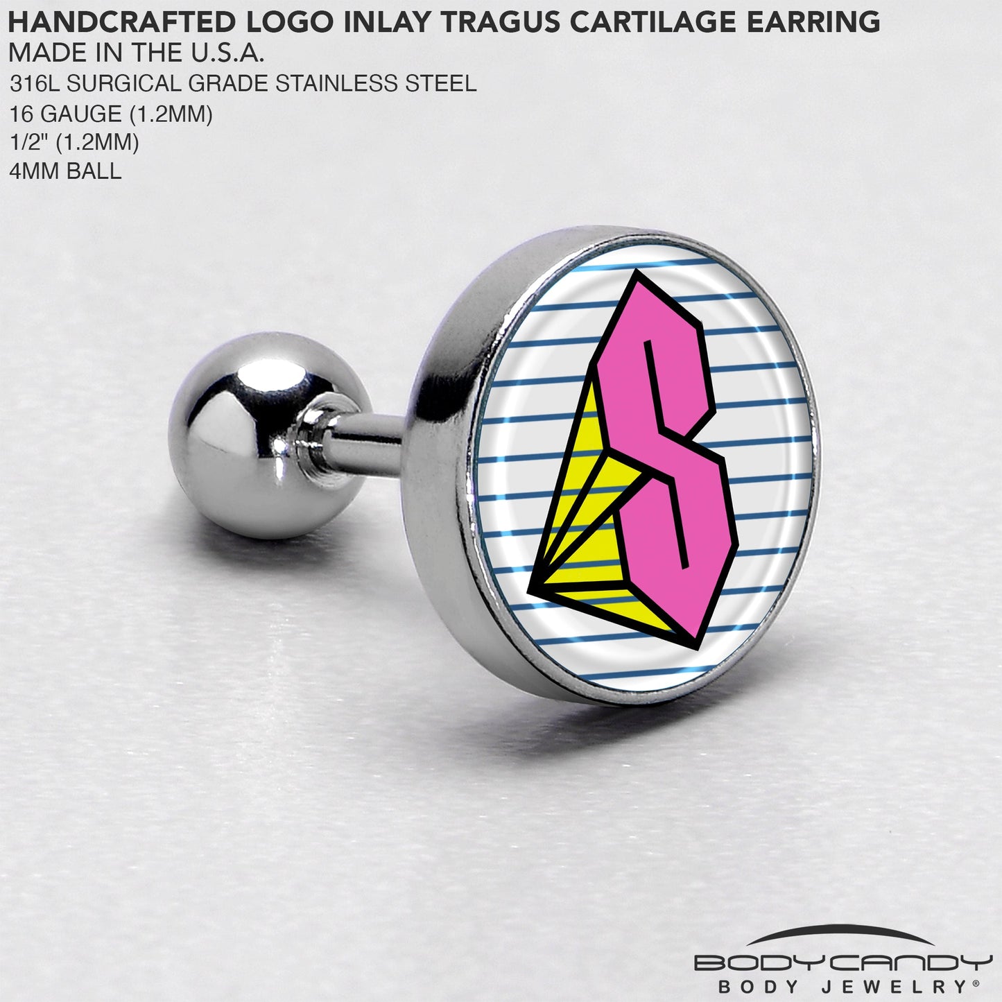 16G 1/4 Hot Pink Cool S Tragus Cartilage Earring by Onyx O