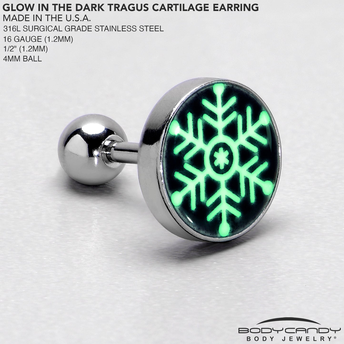 Glow in the Dark Holiday Snowflake Tragus Cartilage Earring by Onyx O