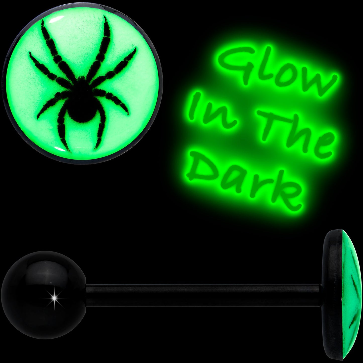 Glow in the Dark Black Anodized Black Widow Spider Barbell Tongue Ring by Onyx O
