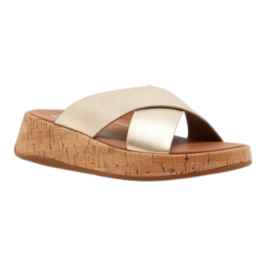 FitFlop Metallic Leather/Cork Flatform Cross Slides Women’s Sandals – Platino