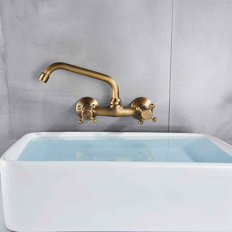DecorBites™ Antique Brass Dual Handle Wall Mount Kitchen Faucet