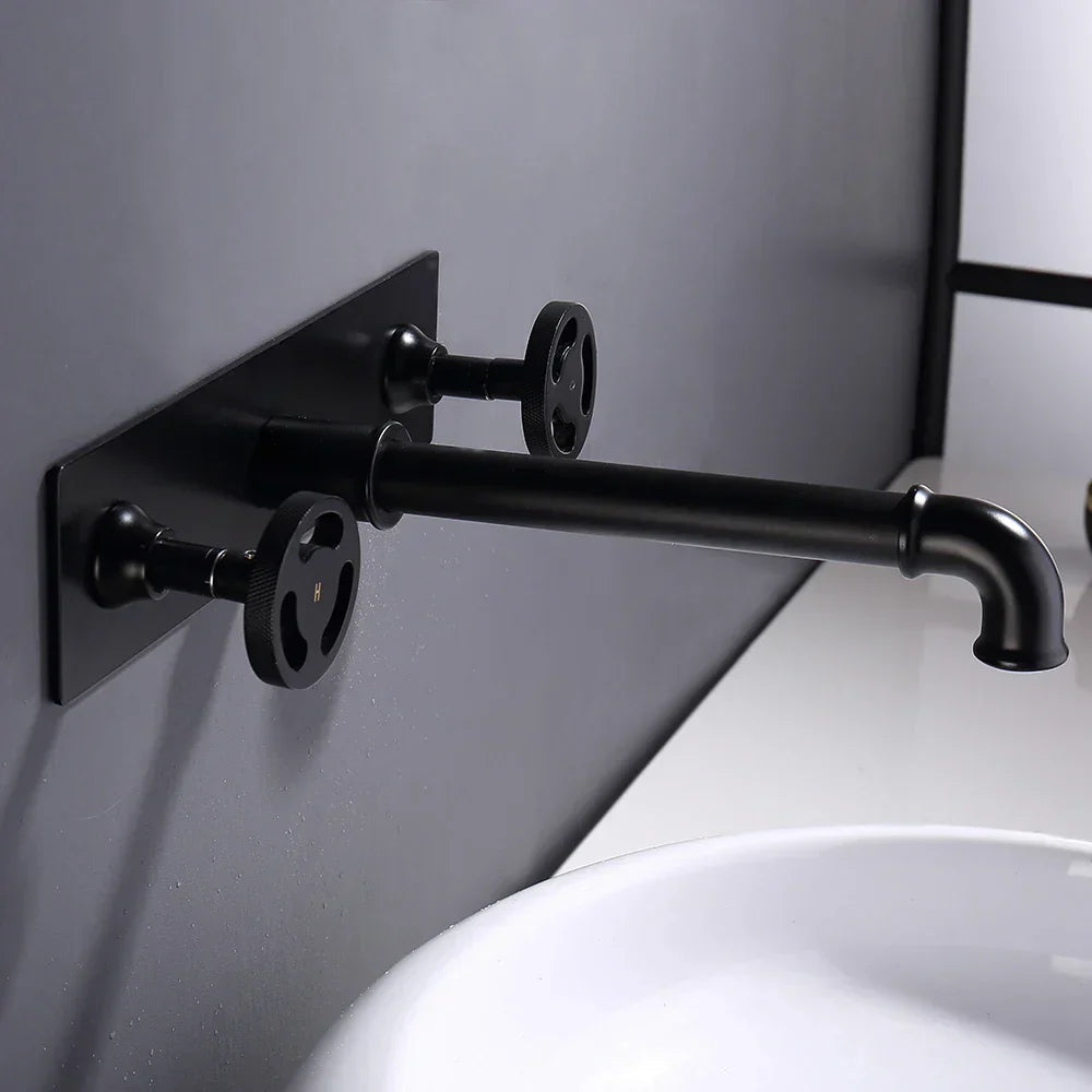 DecorBites™ Black Wall Mounted Dual Handle Basin Faucet Industrial Style Mixer Tap