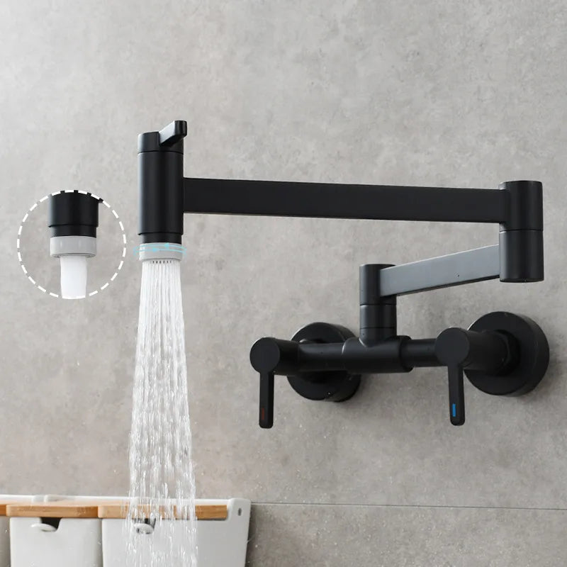 DecorBites™ Brushed Gold Brass Wall-Mounted Kitchen Faucet with Foldable Spout