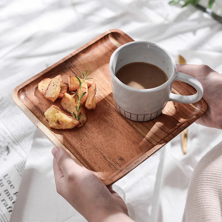 DecorBites™ Acacia Wood Breakfast Tray - Rectangular Fruit Plate with Wooden Cutlery