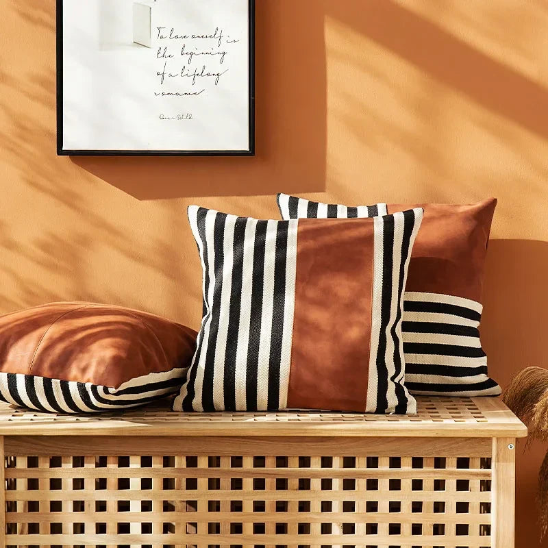 DecorBites™ Black Stripe Faux Leather Pillow Cover 45x45cm for Home Decor