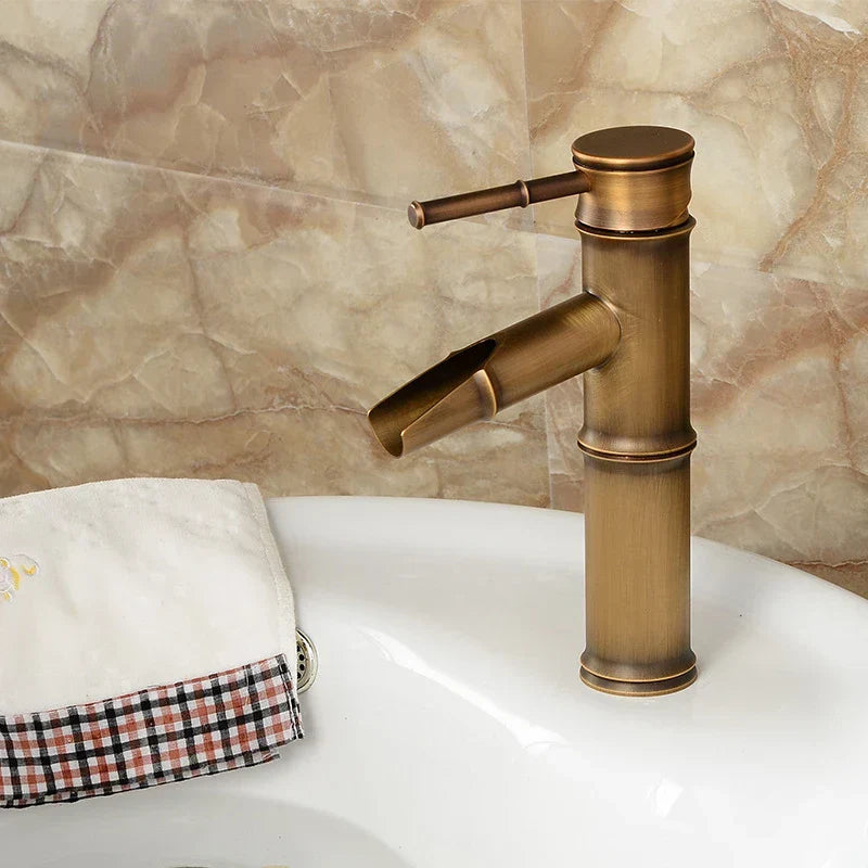 DecorBites™ Antique Brass Bamboo Basin Faucet Single Handle Hot Cold Water Tap