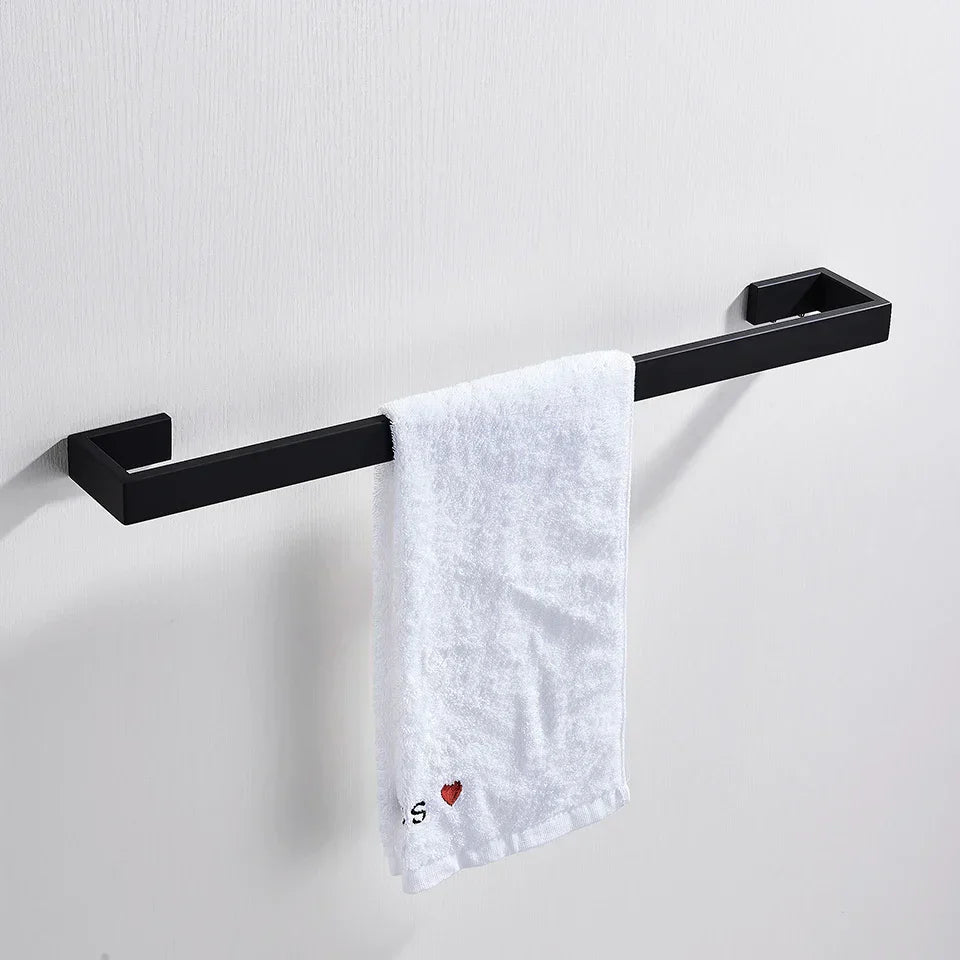 DecorBites™ Black Bathroom Hardware Set: Robe Hook, Towel Bar, Shelf, Tissue Holder, Toothbrush Organizer